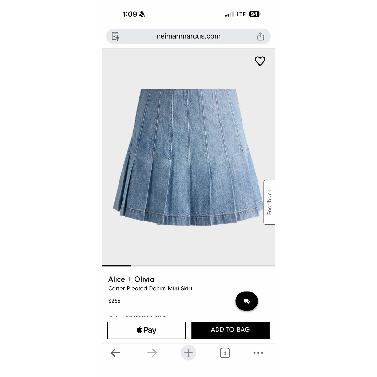 Nwt Alice + Olivia Carter Pleated Denim Mini Skirt